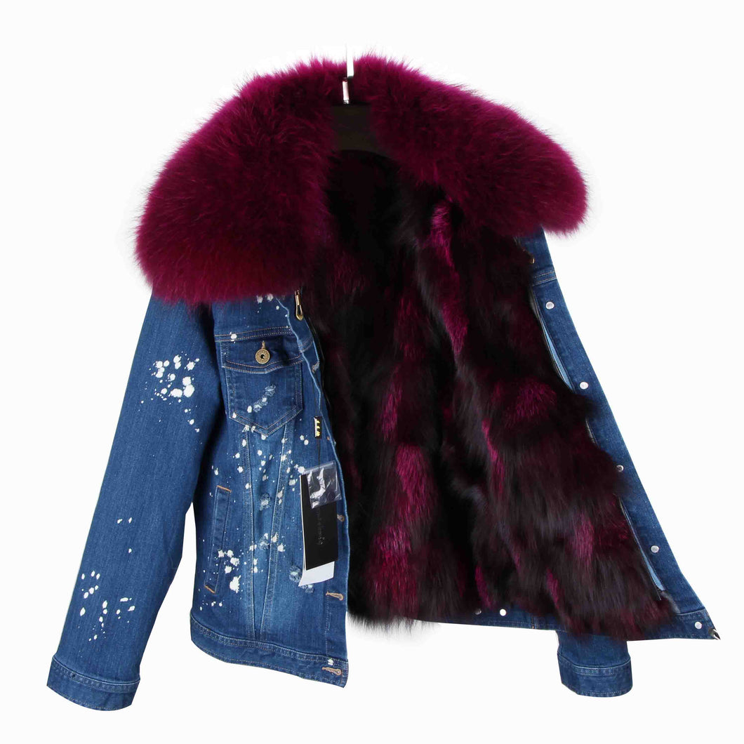 Cropped Denim Jacket With Faux Fur Trim - Blue – Dolls Kill